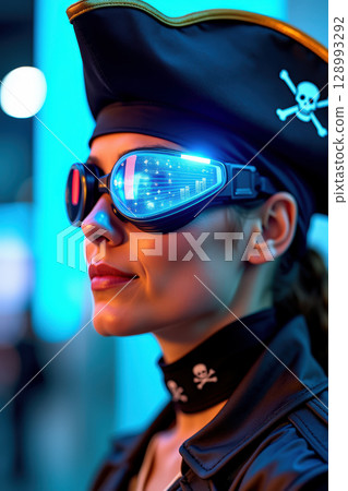 Woman wearing futuristic goggles indoors 128993292