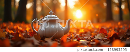Teapot resting on autumn leaves in forest 128993293
