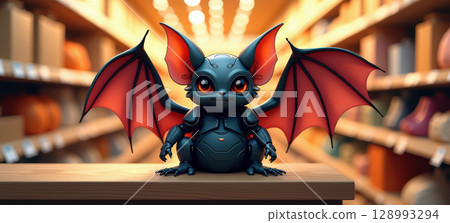 Cute dragon figurine on wooden table 128993294