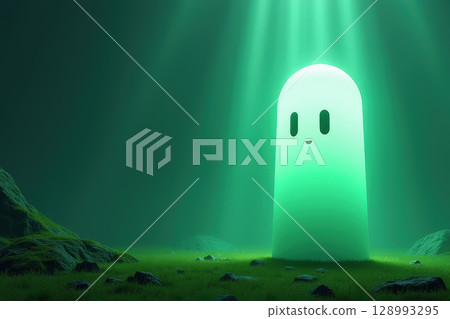 Glowing character in grassy landscape Glowing character in grassy landscape 128993295