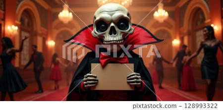 Skeleton in vampire costume holding blank card 128993322