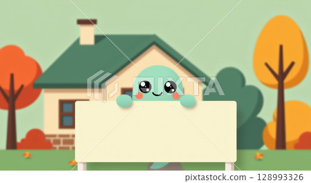 Ghost character holding blank sign on street 128993326