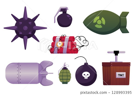 Explosive lethal weapon flat icons vector set, cartoon bomb, grenade, mine, TNT explosive, dynamite tools war game asset 128993395