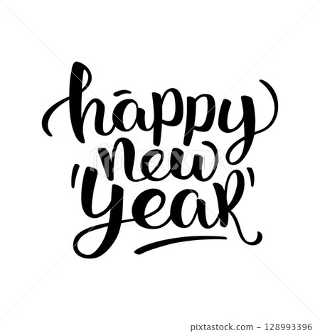 Hand-drawn "Happy New Year" lettering in modern calligraphy. Festive typography for holiday cards, posters, invitations, and winter decorations. 128993396