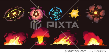 Vector set of explosion effects of different shapes and colors, with fire, smoke and sparks. 128993397