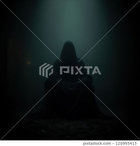 Hooded figure sitting in dark room 128993413
