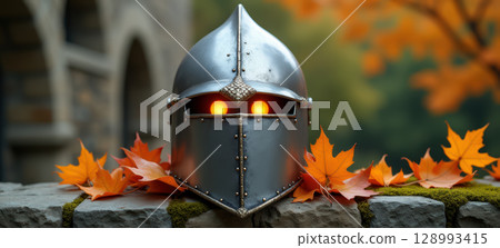 Medieval helmet with glowing eyes on stone Medieval helmet with glowing eyes on stone 128993415