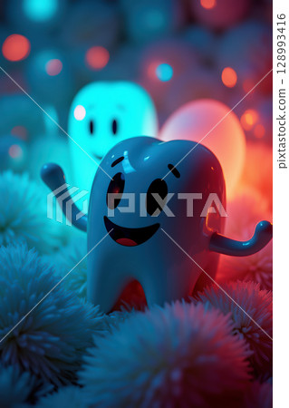 Smiling tooth character among glowing lights Smiling tooth character among glowing lights 128993416