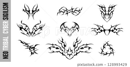 Set of vector neo-tribal ornaments in cyber-sigilism style. Set of vector neo-tribal ornaments in cyber-sigilism style. 128993429