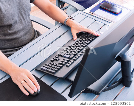 Remote work setup with casual attire and modern desk accessories 128993561