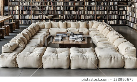 Beige modular sofa in modern interior with library wall 128993673