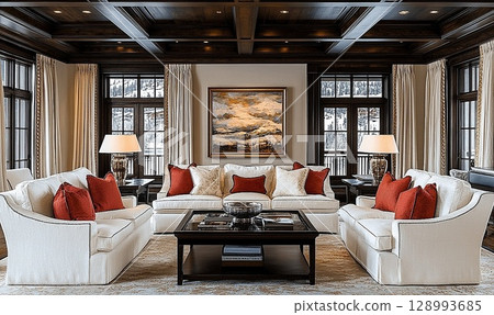 Elegant living room interior design with cream sofas and dark wood accents 128993685