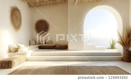 Bright airy interior with natural textures and calming atmosphere Bright airy interior with natural textures and calming atmosphere 128993892