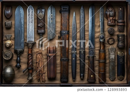Antique knife and blade collection in wooden box overhead view Antique knife and blade collection in wooden box overhead view 128993893