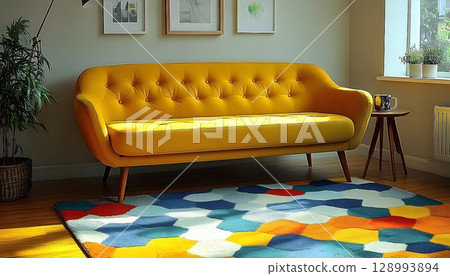 Modern yellow sofa and colorful rug in sunny living room interior Modern yellow sofa and colorful rug in sunny living room interior 128993894