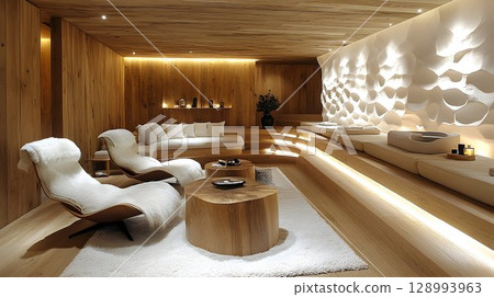 Modern spa interior wood textures warm lighting comfortable seating 128993963