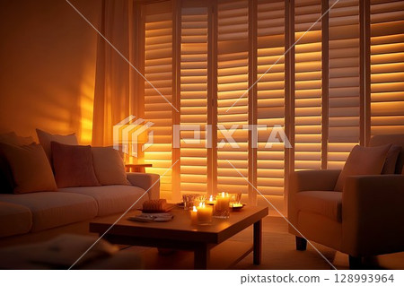 Warm evening living room interior with white shutters and candles Warm evening living room interior with white shutters and candles 128993964