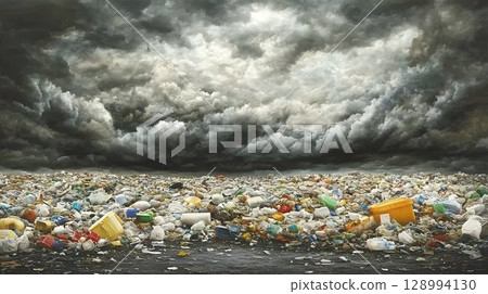 Plastic waste pollution dramatic sky environmental disaster Plastic waste pollution dramatic sky environmental disaster 128994130