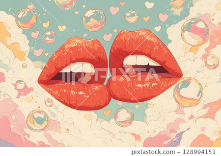 Whimsical illustration featuring two glossy red lips surrounded by pastel hearts and bubbles against a soft sky-blue background. The dreamy design evokes romance and playful fantasy. 128994151