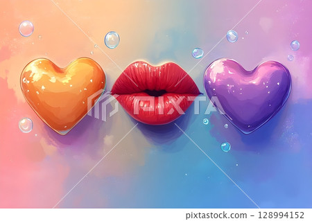 Illustration of glossy red lips between two colorful heart-shaped balloons on a dreamy pastel-colored background. The whimsical design evokes feelings of love, fantasy, and playful affection. 128994152