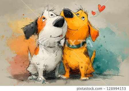 Charming illustration of two cartoon dogs sitting closely with dreamy expressions and small hearts floating above. Their bond and affection are vividly captured in a splash of warm colors. 128994153