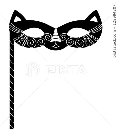 Cat masquerade mask with stick, black and white vector illustration for Mardi Gras Cat masquerade mask with stick, black and white vector illustration for Mardi Gras 128994207