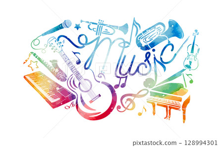 Abstract Music colorful. Many musical instruments. hand drawn. Not AI, Vector illustration Abstract Music colorful. Many musical instruments. hand drawn. Not AI, Vector illustration 128994301