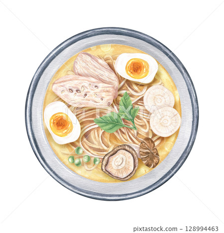 Miso ramen Asian noodles soup serving with shiitake, egg and chicken slices watercolor illustration isolated background. Japanese, Korean or Chinese broth in bowl with meat, vegetables and pasta. 128994463