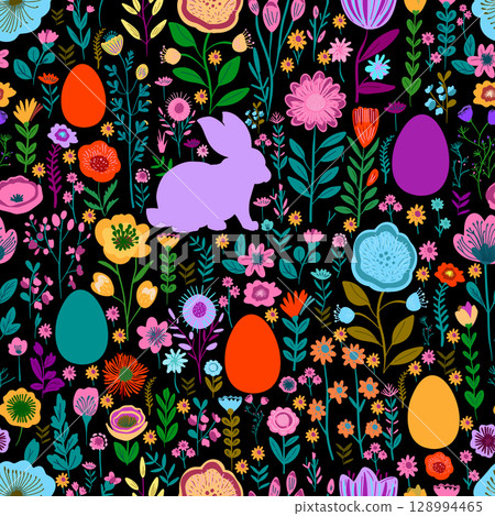 Seamless easter background with flowers and eggs. hand drawn. Not AI, Vector illustration Seamless easter background with flowers and eggs. hand drawn. Not AI, Vector illustration 128994465
