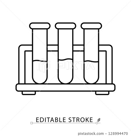 Test tubes rack icon in editable stroke. Outline vector of three laboratory test tubes in holder. Chemical glassware for experiments, diagnostics, and scientific research in lab environment. 128994470