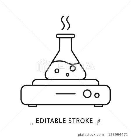 Heated flask icon in editable stroke. Lab heating plate with boiling flask outline vector. Laboratory experiment equipment, chemical reaction, scientific analysis, steam and heat concept symbol. 128994471