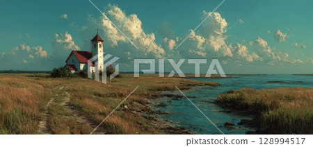 Seaside church with clouds under bright sky Seaside church with clouds under bright sky 128994517