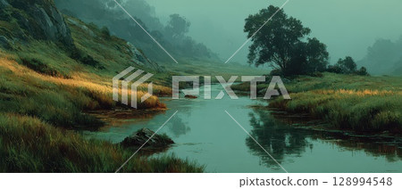 Serene river flowing through lush green landscape 128994548