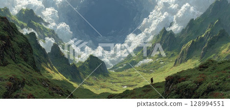 Stunning valley by high mountains 128994551