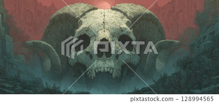 Ancient skull towers over misty ruins at sunset Ancient skull towers over misty ruins at sunset 128994565