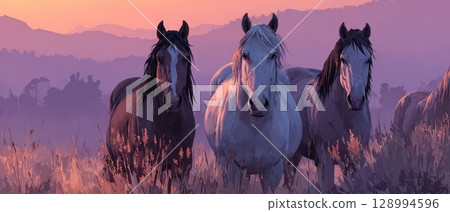 Horses standing gracefully in a serene landscape 128994596