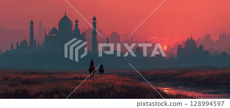 Majestic riders at sunset near historic monument 128994597