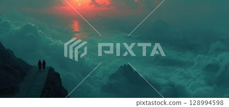 Walking on the edge of clouds at sunset Walking on the edge of clouds at sunset 128994598