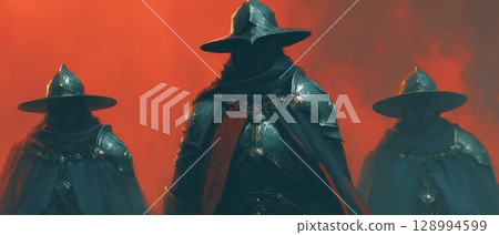 Cloaked figures against a fiery scene 128994599