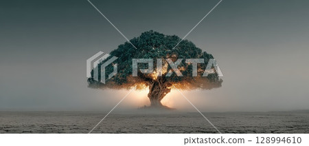 Majestic tree stands alone in a barren landscape 128994610
