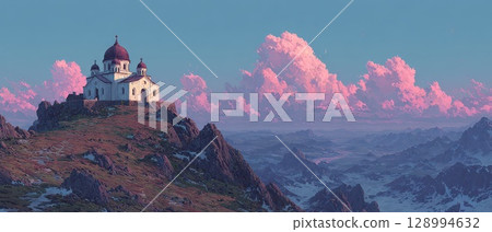 Sunset church on mountain peak 128994632
