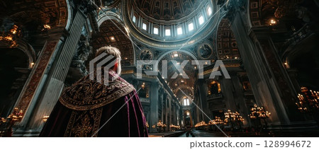 Priest standing in awe at St Peters Basilica 128994672