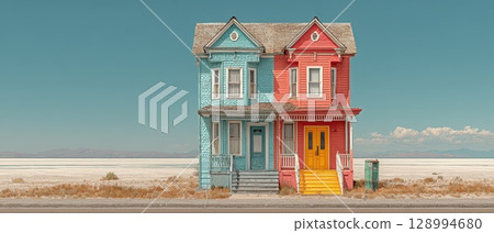 Colorful houses stand alone in a vast salt flat 128994680