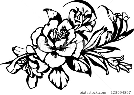 black graphic drawing of a rose flower on a white background, isolated element, decor black graphic drawing of a rose flower on a white background, isolated element, decor 128994897