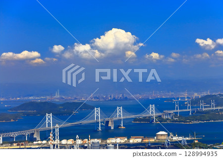 [Kagawa Prefecture] The Great Seto Bridge and Bannosu Industrial Area as seen from Shiroyama Observatory 128994935