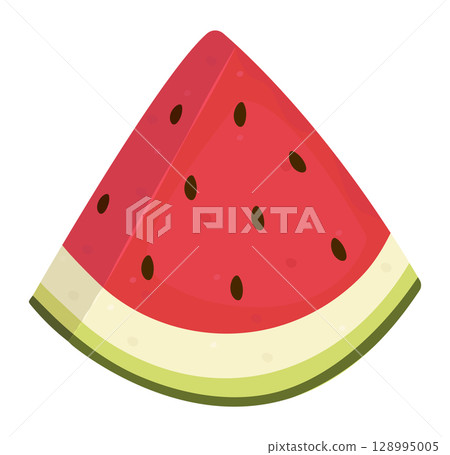 Voluminous piece of watermelon, cut slice of ripe juicy fruit, color vector illustration in red and green shades 128995005
