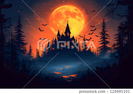Spooky Halloween poster with haunted house, bats, and pumpkin lanterns in orange-black color tone. Perfect for ready-to-use party invitations, ads, or social posts. 128995101