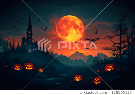 Spooky Halloween poster with haunted house, bats, and pumpkin lanterns in orange-black color tone. Perfect for ready-to-use party invitations, ads, or social posts. 128995182