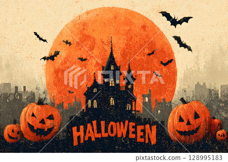 Spooky Halloween poster with haunted house, bats, and pumpkin lanterns in orange-black color tone. Perfect for ready-to-use party invitations, ads, or social posts. 128995183
