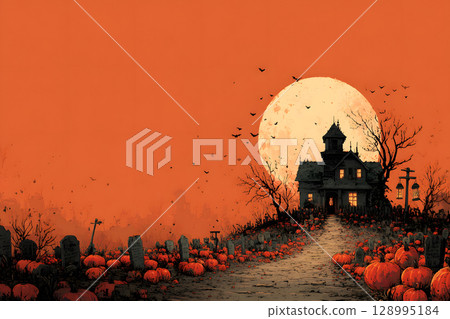 Spooky Halloween poster with haunted house, bats, and pumpkin lanterns in orange-black color tone. Perfect for ready-to-use party invitations, ads, or social posts. 128995184